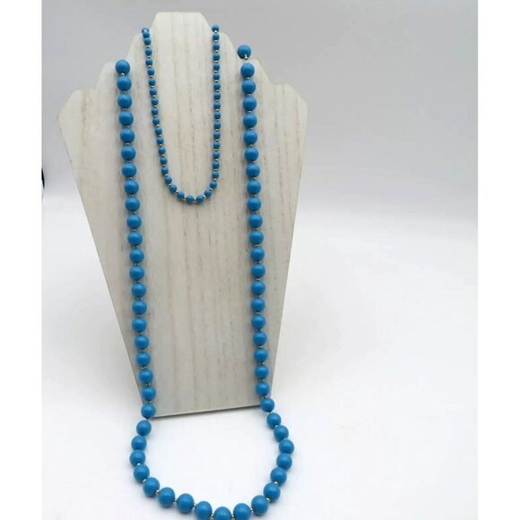 Vintage Hong Kong 24" Blue Beaded Necklace With Gold Tone Accents - Picture 2 of 11